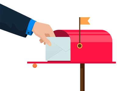 Businessman inserts letter into mailbox. Human hand taking out envelope from postbox. Receiving postal correspondence. Vector eps illustrationのイラスト素材