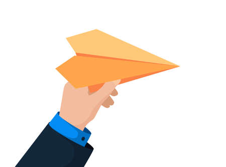 Paper plane in businessman hand in suit isolated on white background. Concept of leadership, inspiration and successful strategic planning. Business man hold handmade airplane in. Eps illustrationのイラスト素材