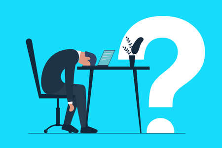 Exhausted sick tired man in office sad boring sitting no idea head down on laptop with large question mark. Frustrated worker mental health problem. Professional burnout syndrome. Vector long work dayのイラスト素材