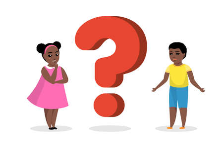 Black african american boy and girl stand near large question mark. Concept of getting knowledge by thoughtful young people. Curious children ask questions and look for answers. Vector illustrationのイラスト素材