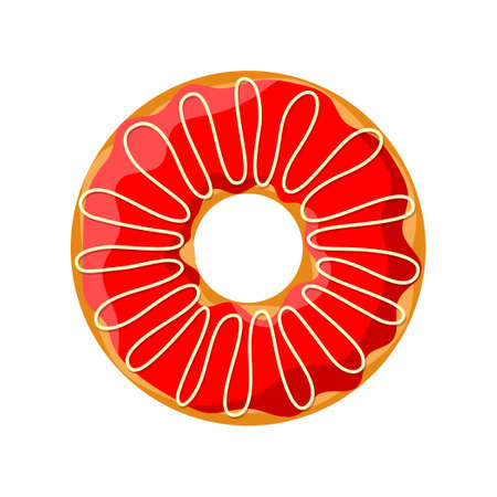 Sweet colorful tasty donut isolated on white background. Red glazed and cream strip top view for cake cafe decoration or menu design. Delicious bakery vector eps illustrationのイラスト素材