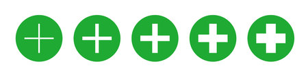 Plus sign set thin to bold in green circles. Medicine vector eps icons. Medical symbol collection on white background. Various pharmacy isolated crossesのイラスト素材