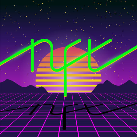 NFT non fungible vaporwave token. Exclusive art banner. Blockchain technology crypto coin. Vintage...