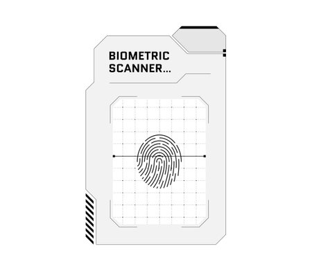 HUD digital futuristic user interface finger scan panel. Sci Fi high tech protection black and white screen. Gaming menu biometric id touching dashboard. Cyberspace fingerprint scanning identificationのイラスト素材