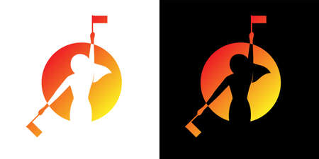 Young woman traffic controller holding flags and showing signals against backdrop of sun. Logo for your business. Logotype design template for company brand identity. Vector eps isolatedのイラスト素材