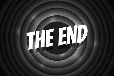 The End comic style text on black circle retro cinema screen. White title on old silent movie ending background. Promotion message noir banner. Vector eps illustrationの写真素材