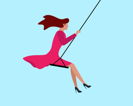 Swinging cute woman in pink dress. Happy beautiful girl relaxing and riding on swing. Female self...