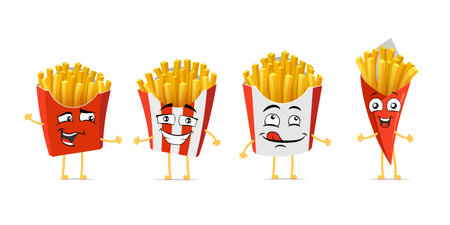 French fries funny smiling cartoon character set. Roasted potatoes cute happy face expression mascot...
