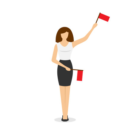 Young woman traffic controller holding flags and showing right way signals. Vector eps isolated illustrationのイラスト素材