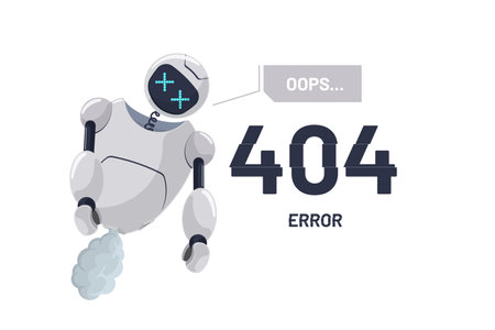 Website page not found error 404. Robot character broken. Chatbot mascot disabled. Site on technical work web design template. Cartoon online bot crash accident. Robotic assistance failure. Vector epsのイラスト素材