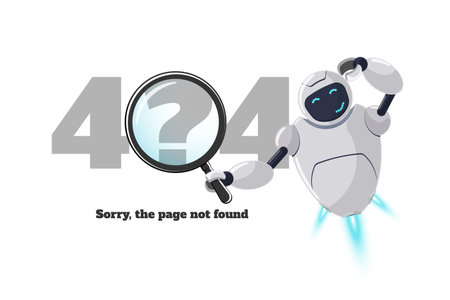 Website page not found error 404. Worried robot character with magnifying glass in hand. Site crash on technical work EPS web design template with chatbot mascot. Cartoon online bot assistance failureのイラスト素材