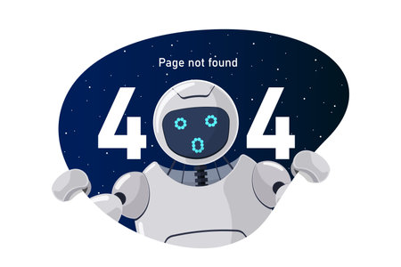 Website page not found error 404. Oops worried robot character peeking out of outer space. Site crash on technical work web design template with chatbot mascot. Cartoon online bot assistance failureのイラスト素材