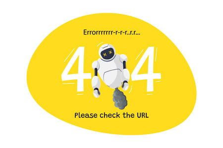 Website page not found URL error 404. Broken robot character on yellow background. Site crash on...