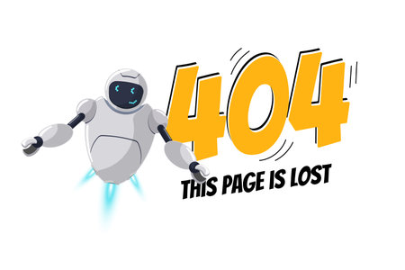 Website page not found. Wrong URL address error 404. Cartoon worried robot character. Site crash on...