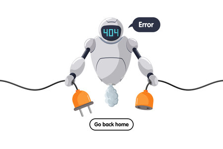 Website page not found. Wrong URL address error 404. Broken robot character keeps socket off. Site...