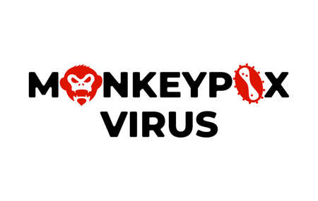 Monkeypox virus inscription concept. Monkey pox disease outbreak lettering with primat head and infection icon. Danger and public health epidemic risk medical poster. MPV MPVX dangerous pandemic. Eps