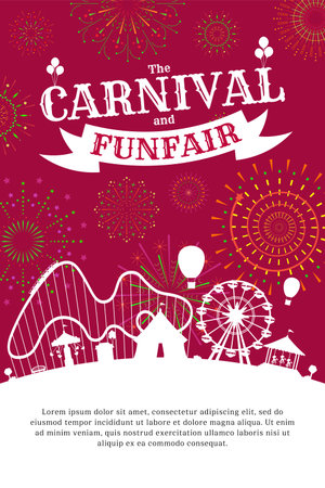 Carnival funfair poster with firework on red sky. Amusement park silhouette with circus, carousels, roller coaster, attractions on fireworks sparkles rays background. Fun fair festival vector placardのイラスト素材