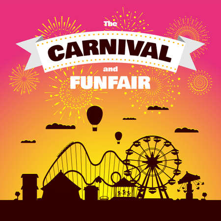 Carnival funfair with fireworks rays. Amusement park, roller coaster and attractions on sunset. Fun fair and festive theme landscape. Ferris wheel and merry-go-round festival poster vectorのイラスト素材