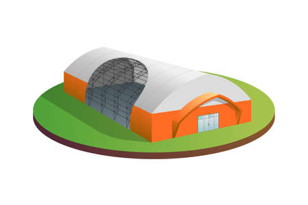 Temporary industrial tent 3d building with construction demonstration. Awning tarpaulin warehouse hangar. Commercial exhibition tunnel hall barn. Factory production distribution or storage eps conceptのイラスト素材