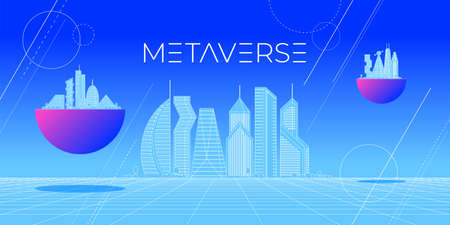 Future digital technology metaverse concept abstract cityscape on skyline. Virtual reality universe futuristic 3d landscape with graphical wireframe cyberpunk city. Meta cyber space metropolis. Vectorのイラスト素材