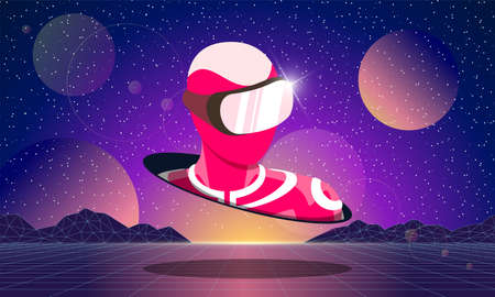 Future digital technology metaverse abstract concept. Man wearing virtual reality glasses in futuristic 3d landscape universe. Person with VR helmet in portal. Meta cyber space vector eps illustrationのイラスト素材