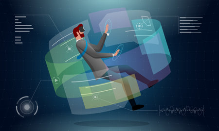 Businessman with VR helmet connecting to futuristic technology metaverse virtual reality. Man surrounded future interface 3d hologram big data. Person controls business with meta cyber space headsetの写真素材
