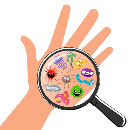 Germs and bacteria characters on human hand through magnifying glass. Infectious viruses and microbes with angry faces under loupe. Lens magnified pathogens. Hygiene concept vector eps illustrationのイラスト素材