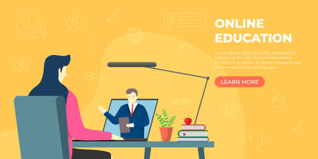 Student woman remote learning and online education at home. Girl sitting at desk with books and studying on laptop. Internet teaching landing page concept. E-learning website vector eps illustrationのイラスト素材