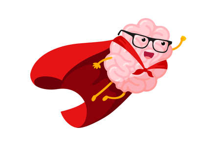 Cartoon human brain fly in sky as super hero. Clever central nervous system mascot superhero with glasses in red coat. Human mind organ character inspiration. Brainstorming and idea concept. Vectorのイラスト素材