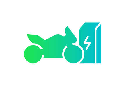 Electric sportbike charging in charger station icon. Electrical motorcycle energy charge green gradient symbol. Eco friendly electro motorbike recharge sign. Vector battery powered EV transportationのイラスト素材