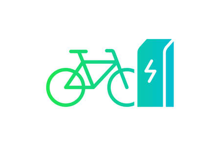 Electric bicycle charging in charger station icon. Electrical bike energy charge green gradient symbol. Eco friendly electro cycle recharge sign. Vector eps battery powered e-bike transportationのイラスト素材