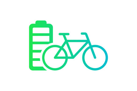 Electric bicycle fully charged battery energy indicator green gradient icon. Electrical transportation bike accumulator charger symbol. Electro charging cycle. Eco friendly transport recharge eps signのイラスト素材
