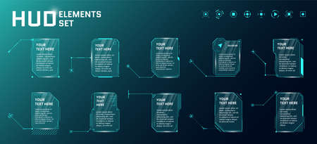 HUD futuristic style callout titles on blue background. Infographic call arrow box bars and modern digital info vertical frame layout templates. Interface FUI and GUI element set. Vector illustrationのイラスト素材