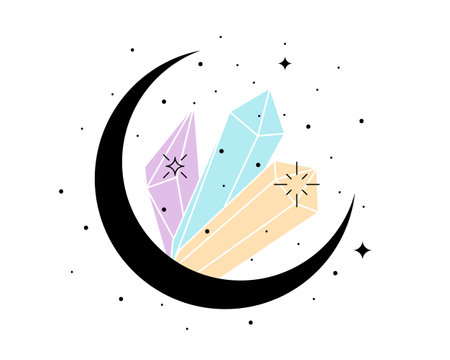 Crystal and stars in spirituality moon. Line art astrology crescent symbol with colored gemstone. Magic or healing mystical mineral linear symbol. Esoteric tattoo or logo outline sketch. Vector epsのイラスト素材