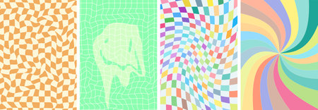 Retro groovy colorful art poster set. Psychedelic hippie style swirl rainbow background collection....