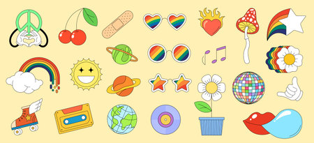 Retro groovy element set. Psychedelic hippie cartoon badge collection. Vintage hippy crazy various...