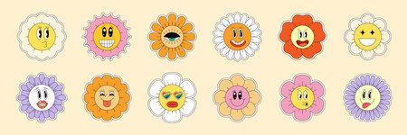 Hippie chamomile smiley characters good vibes. Funny retro daisy collection. Psychedelic flower faces in positive vintage cartoon style. Trendy groovy y2y pop sticker pack design. Vector eps elementsのイラスト素材
