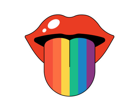 Retro groovy opened mouth with rainbow colored tongue sticking out and licking. Hippy red open lips. Funky psychedelic female lip. Vintage positive hippie sticker print. Trendy y2k pop art EPS patchのイラスト素材