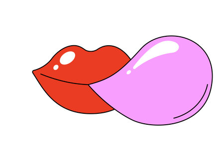 Retro groovy mouth blowing bubble gum. Cute hippy glossy red lips. Funky psychedelic cartoon female lip. Vintage nostalgic hippie sticker print. Trendy y2k pop art patch. Vector eps isolatedのイラスト素材