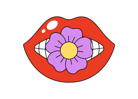 Retro groovy mouth with chamomile between teeth. Hippy glossy red open lips and daisy flower. Funky female lip with lipstick and floret. Vintage hippie sticker. Trendy y2k pop art patch. Vector epsのイラスト素材