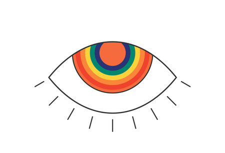 Retro groovy boho open rainbow color eye with rays eyelashes. Psychedelic hippie style design. Vintage hippy crazy esoteric iridescent pupil sticker. Abstract 60s, 70s, 80s trendy y2k. Vector epsのイラスト素材