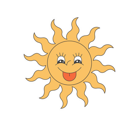 Retro groovy twisted funky sun crazy character. Psychedelic hippie funny solar mascot. Abstract vintage hippy smile sticker. Trendy y2k pop culture smiling sunny hipster symbol. Vector trippy printのイラスト素材