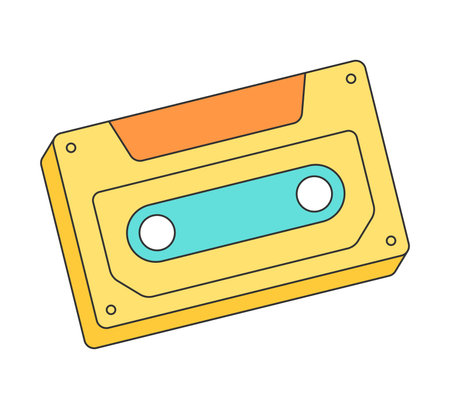 Retro groovy audio cassette tape. Vintage hippie cartoon media stereo music sticker. Hippy style trendy y2k funky vector isolated eps illustrationのイラスト素材