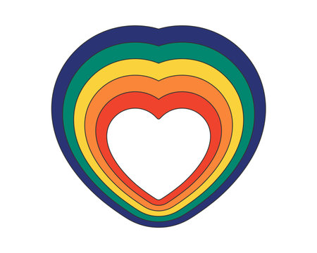 Retro groovy hipster hypnotic heart with rainbow trace. Psychedelic hippie love symbol iridescent radiance. Hippy vintage crazy sticker. Trendy y2k pop art colourful abstract element. Funky eps badgeのイラスト素材