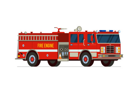 Fire engine truck isometric side front view. Firetruck car with Siren alarm and water tank. Firefighter red vehicle. Fireman emergency rescue transport. Firefighting lorry vector eps flat illustrationのイラスト素材