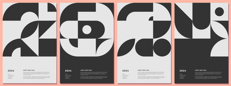 Abstract bauhaus style combination number 2024 Happy New Year horizontal poster set. Geometric...