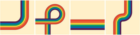 Trendy minimalist Y2K square posters featuring colorful artwork. Retro groovy rainbow colored...