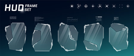 HUD digital futuristic user interface frame set. Sci Fi high tech callout panels. UX UI gaming menu touching dashboard control screens. Cyber space head-up display FUI or GUI information vector signsのイラスト素材