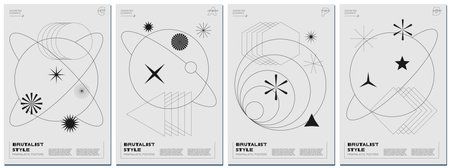 Abstract brutalism poster set with black geometric linear planets and shapes on monochrome space...