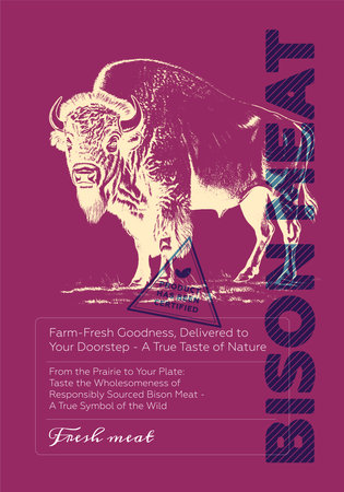 Meat shop poster. Vintage sketch bison stand on colored background. Butcher market retro print. Butchery label creative typography design. Natural farm food placard. Engraving buffalo drawing artworkのイラスト素材
